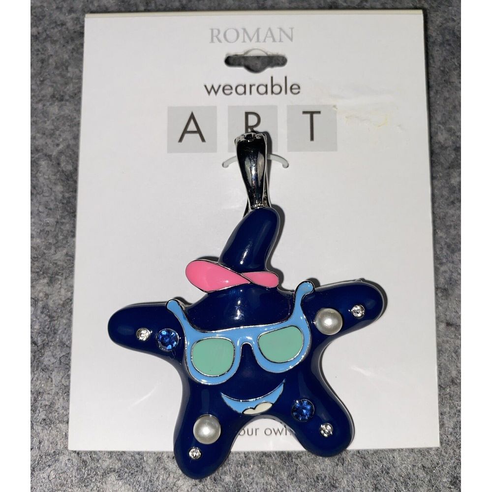 Wearable Art Pendant By Roman 2" STARFISH‎ Blue Silver Tone W/Rhinestones NEW